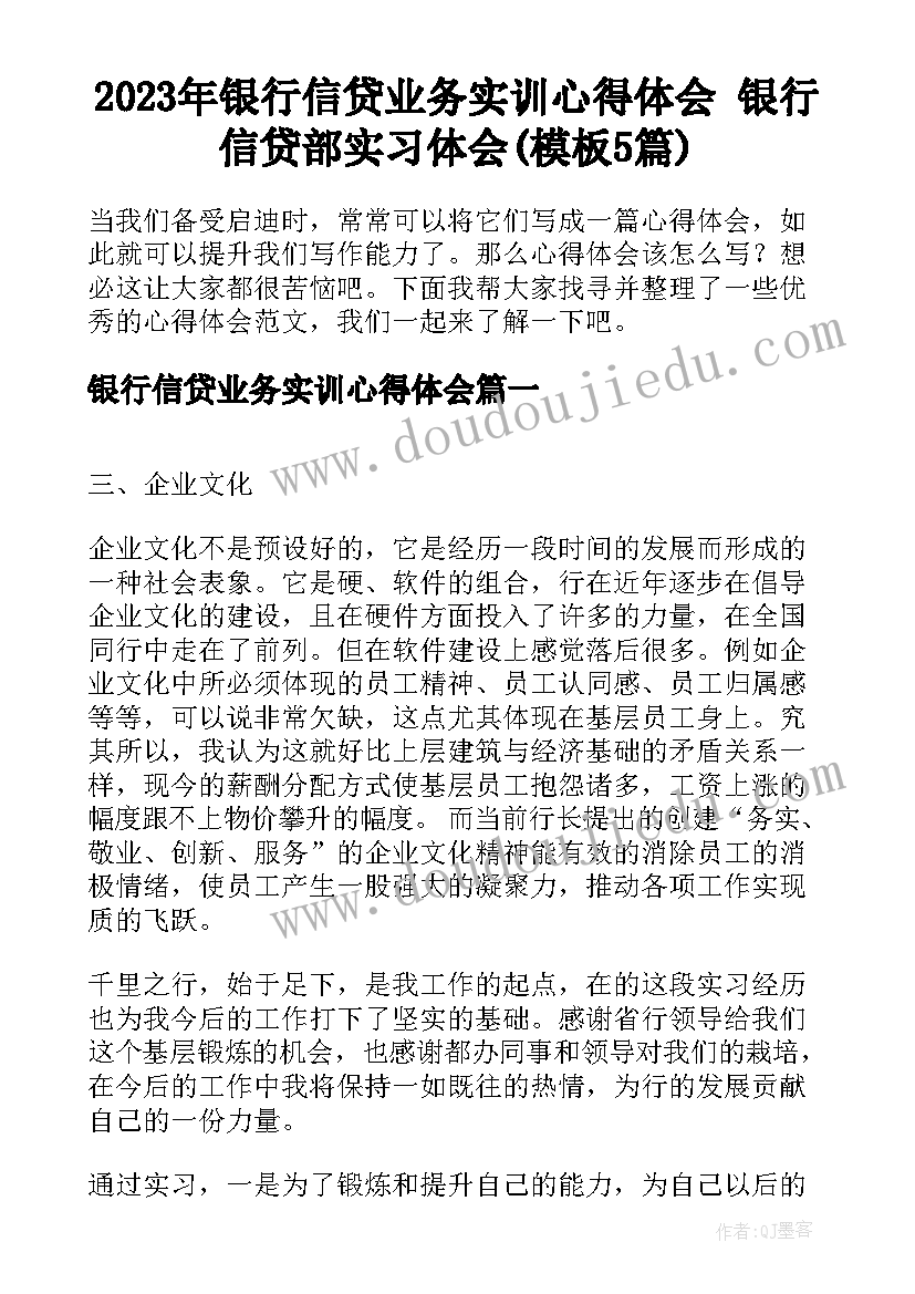 2023年银行信贷业务实训心得体会 银行信贷部实习体会(模板5篇)