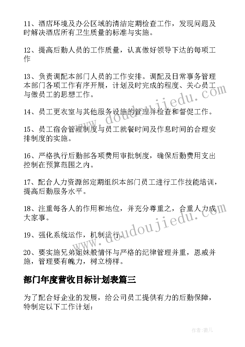 2023年部门年度营收目标计划表(通用5篇)