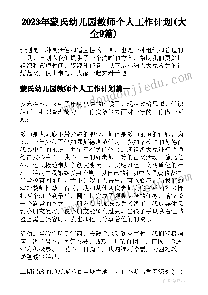 2023年蒙氏幼儿园教师个人工作计划(大全9篇)