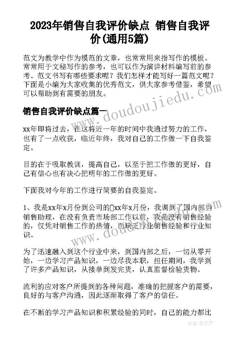 2023年销售自我评价缺点 销售自我评价(通用5篇)