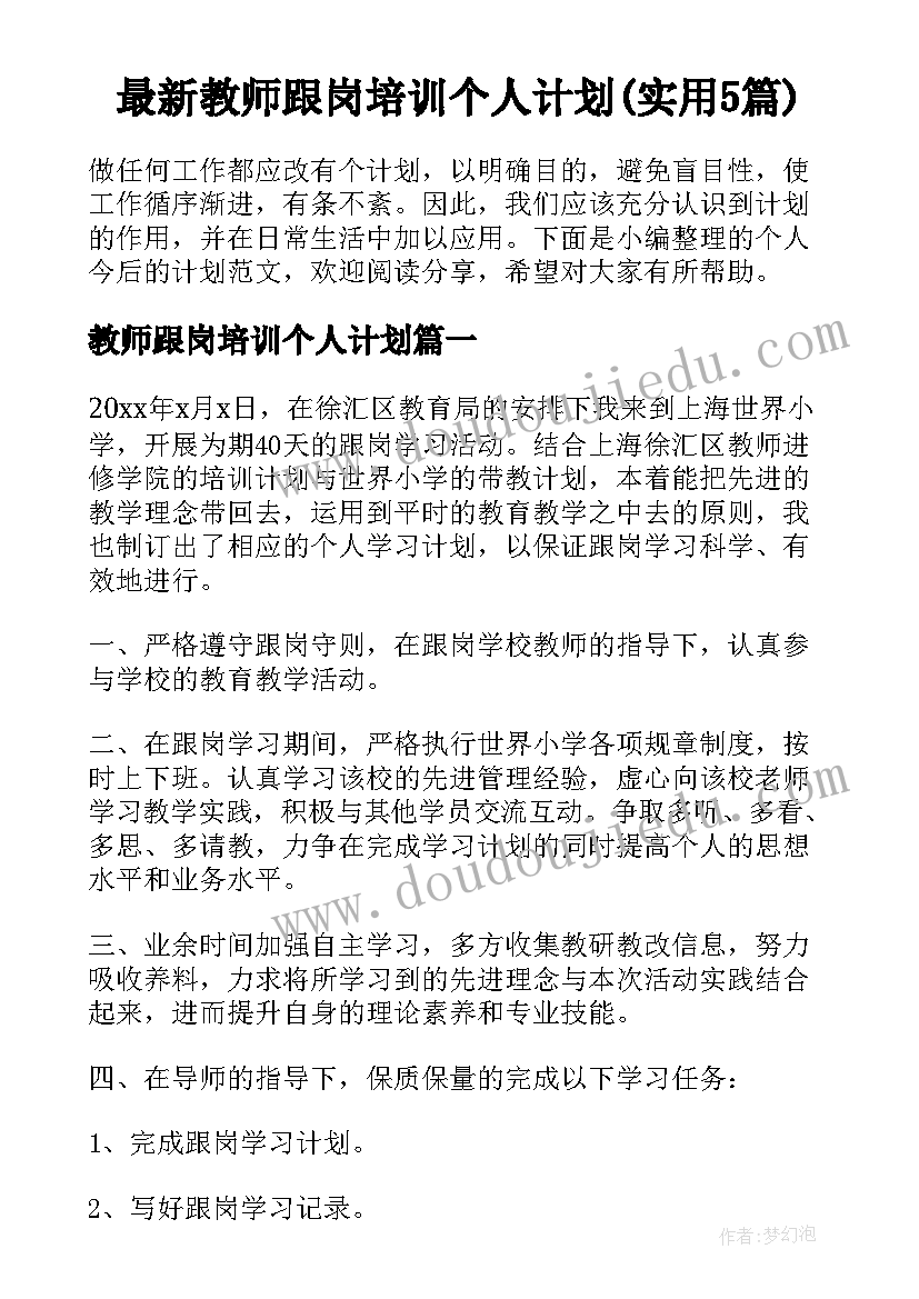 最新教师跟岗培训个人计划(实用5篇)