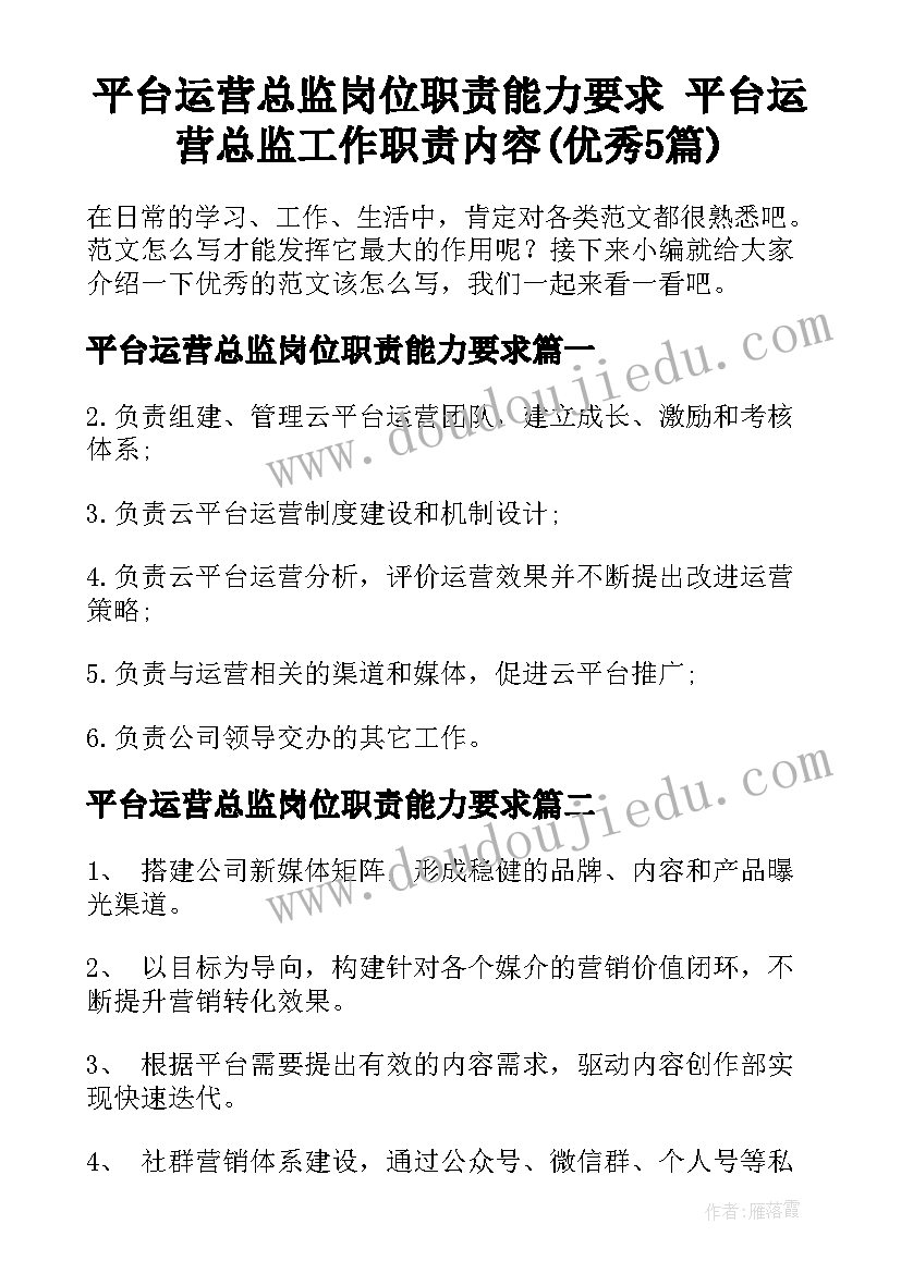 平台运营总监岗位职责能力要求 平台运营总监工作职责内容(优秀5篇)