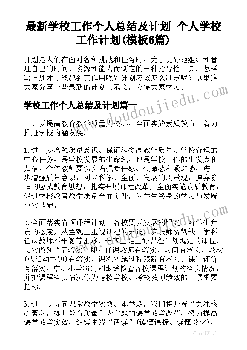 最新学校工作个人总结及计划 个人学校工作计划(模板6篇)