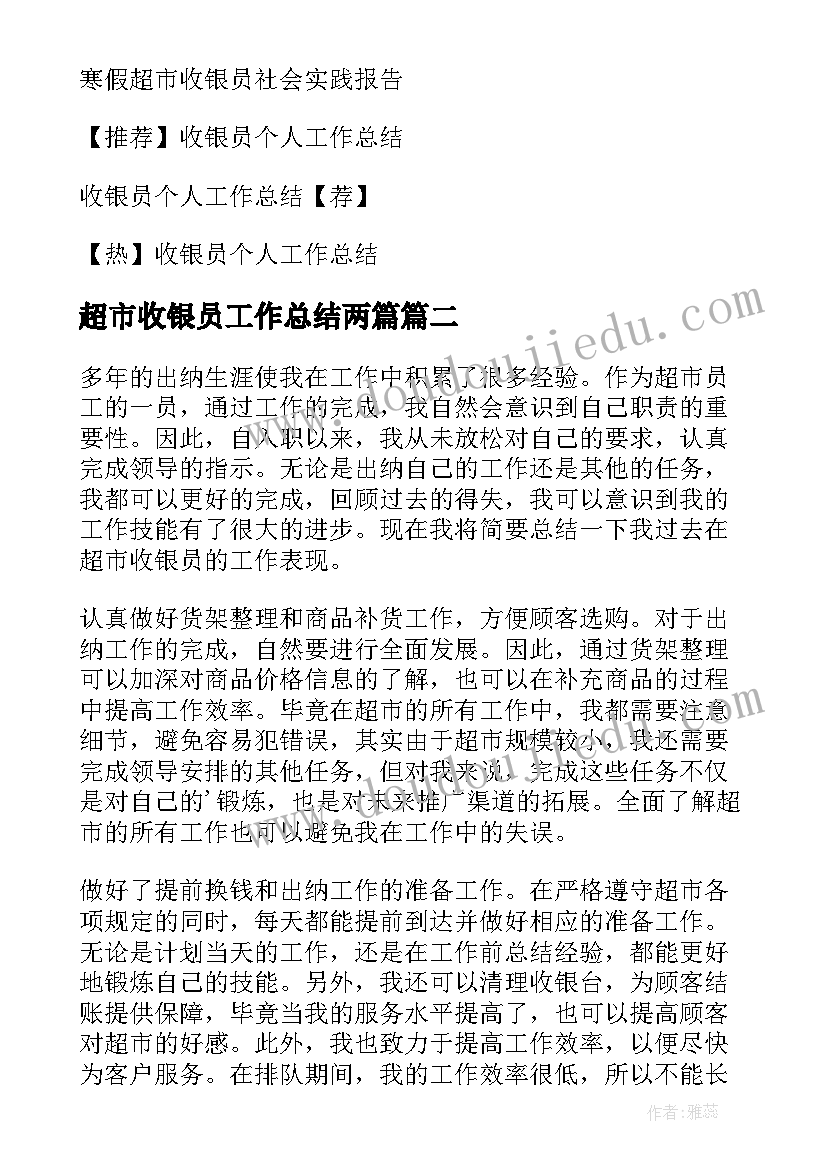 2023年超市收银员工作总结两篇 超市收银员个人工作总结(大全10篇)