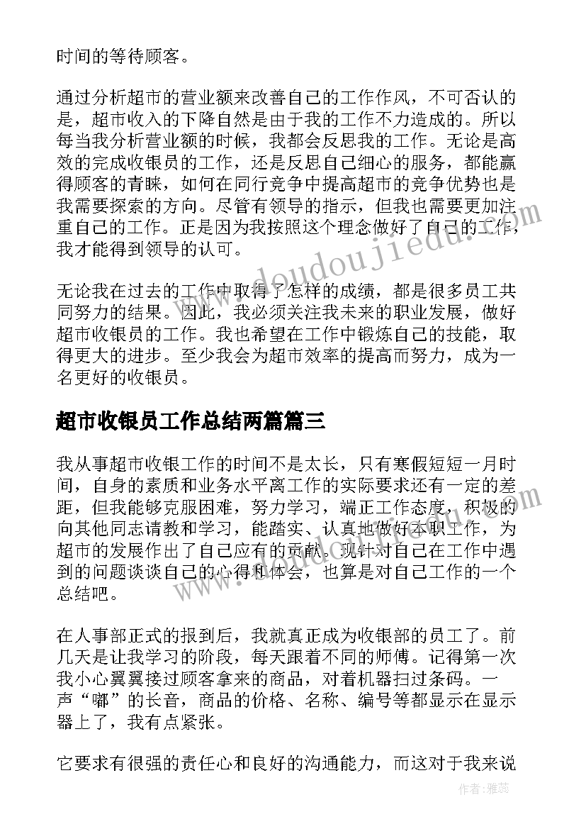 2023年超市收银员工作总结两篇 超市收银员个人工作总结(大全10篇)