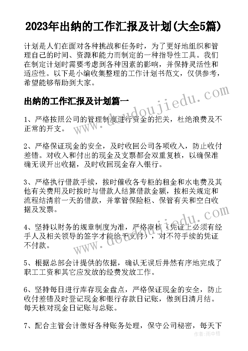 2023年出纳的工作汇报及计划(大全5篇)