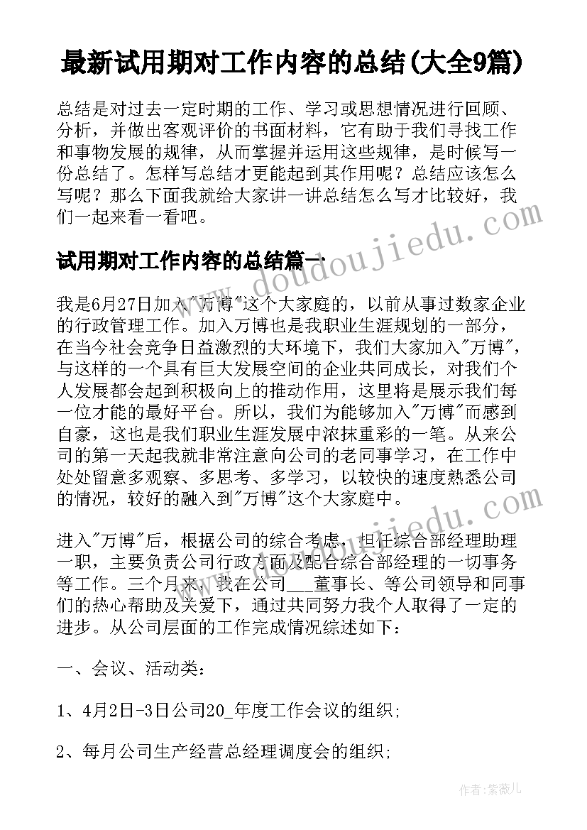 最新试用期对工作内容的总结(大全9篇)