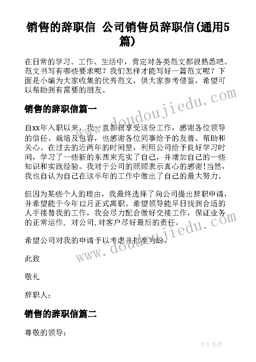 销售的辞职信 公司销售员辞职信(通用5篇)