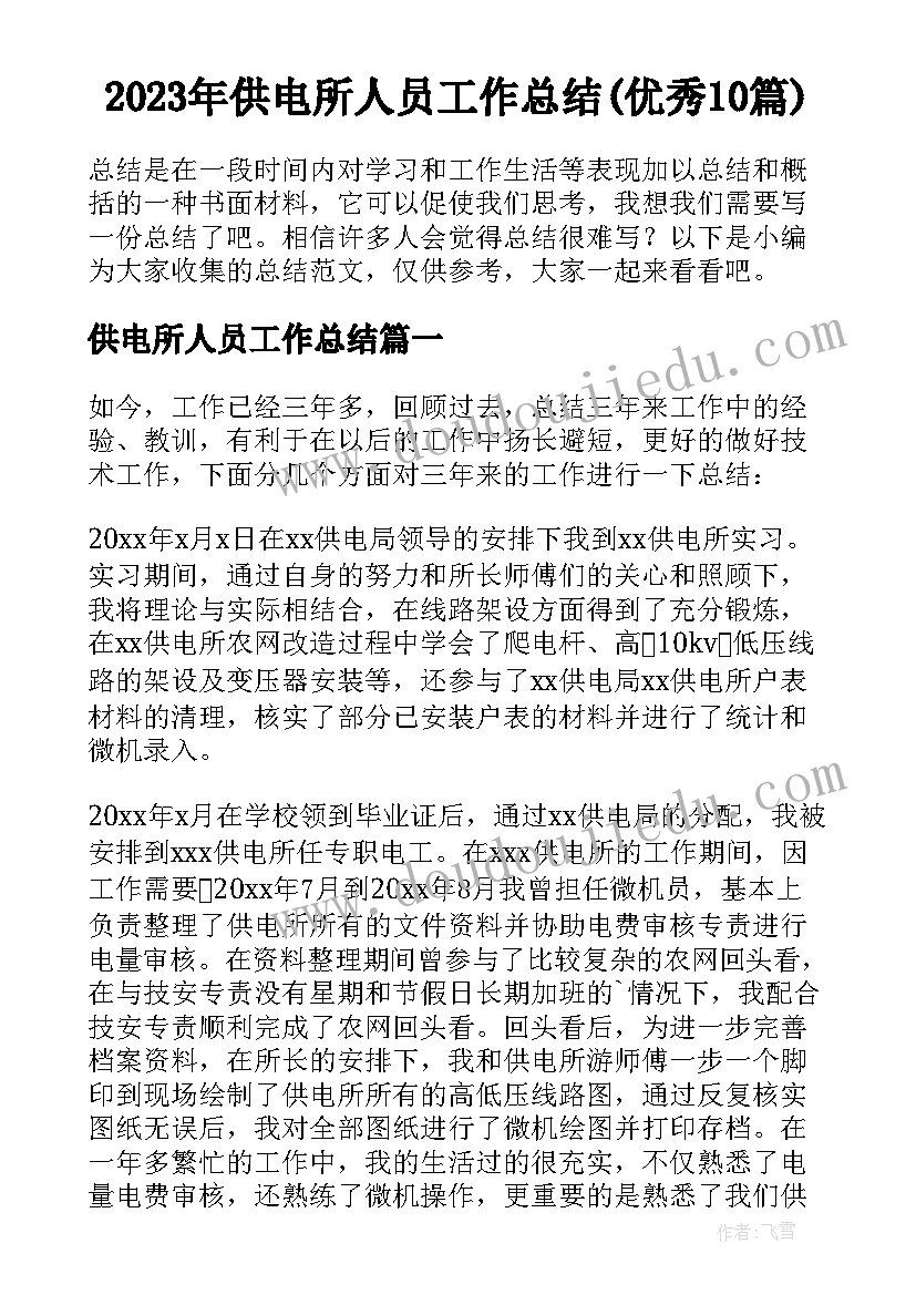 2023年供电所人员工作总结(优秀10篇)