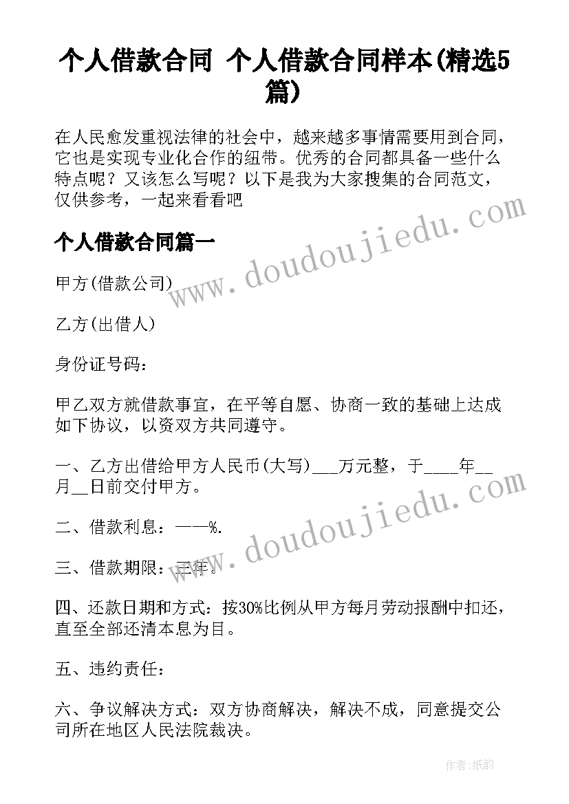 个人借款合同 个人借款合同样本(精选5篇)