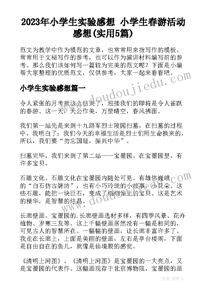 2023年小学生实验感想 小学生春游活动感想(实用5篇)