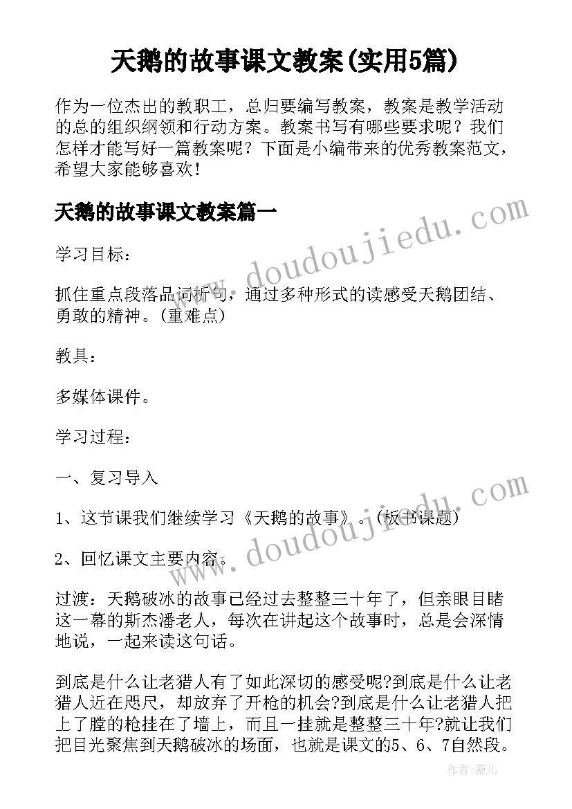 天鹅的故事课文教案(实用5篇)