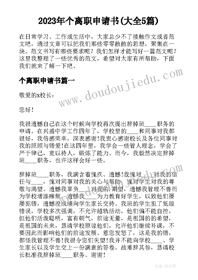 2023年个离职申请书(大全5篇)