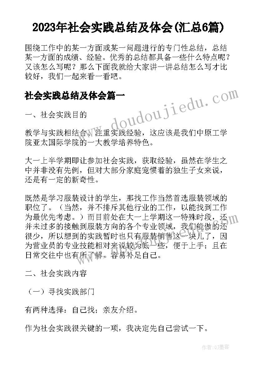 2023年社会实践总结及体会(汇总6篇)