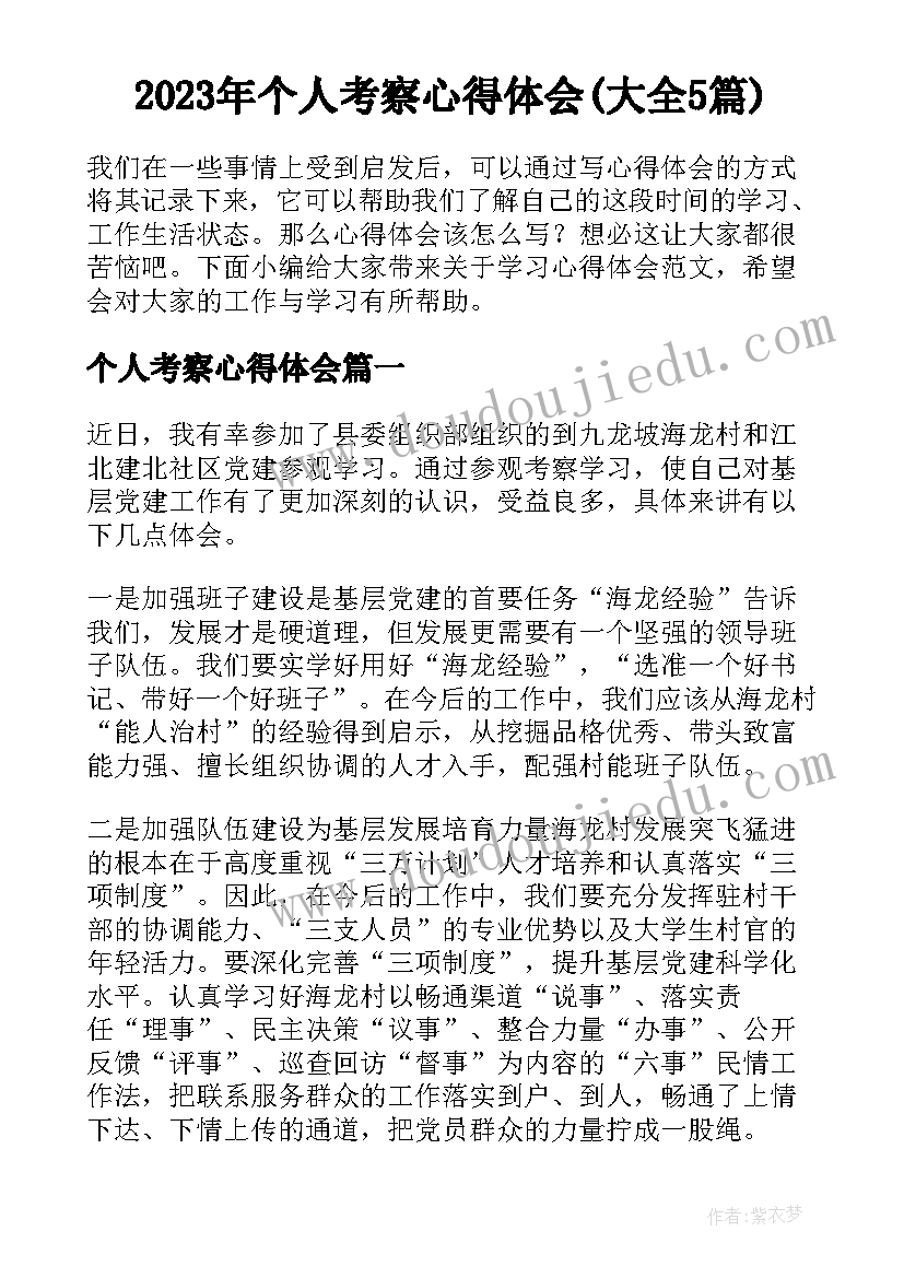 2023年个人考察心得体会(大全5篇)