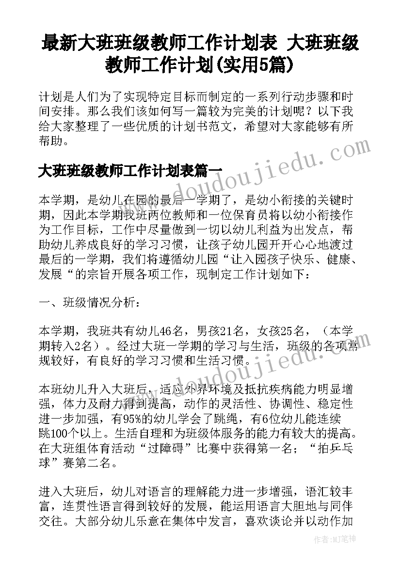 最新大班班级教师工作计划表 大班班级教师工作计划(实用5篇)