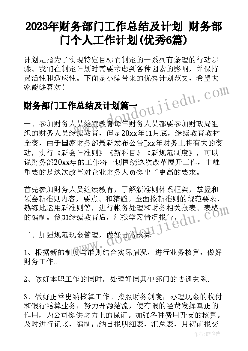 2023年财务部门工作总结及计划 财务部门个人工作计划(优秀6篇)