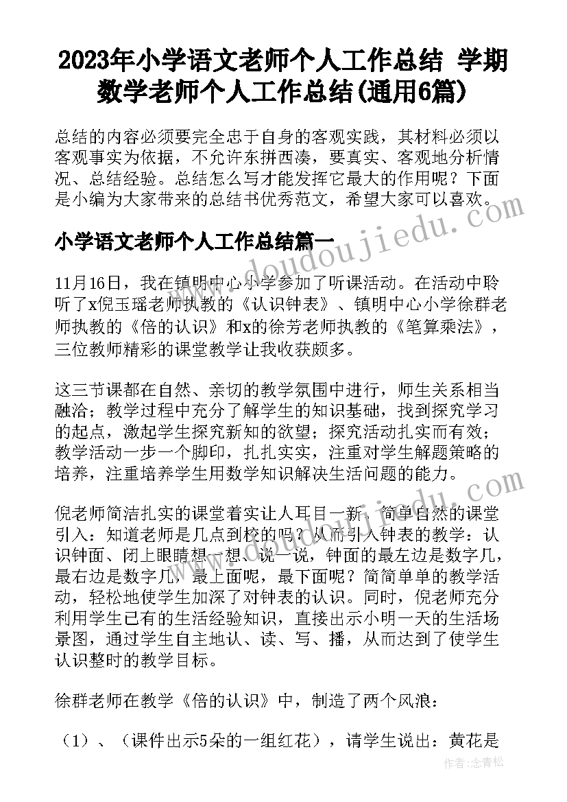 2023年小学语文老师个人工作总结 学期数学老师个人工作总结(通用6篇)