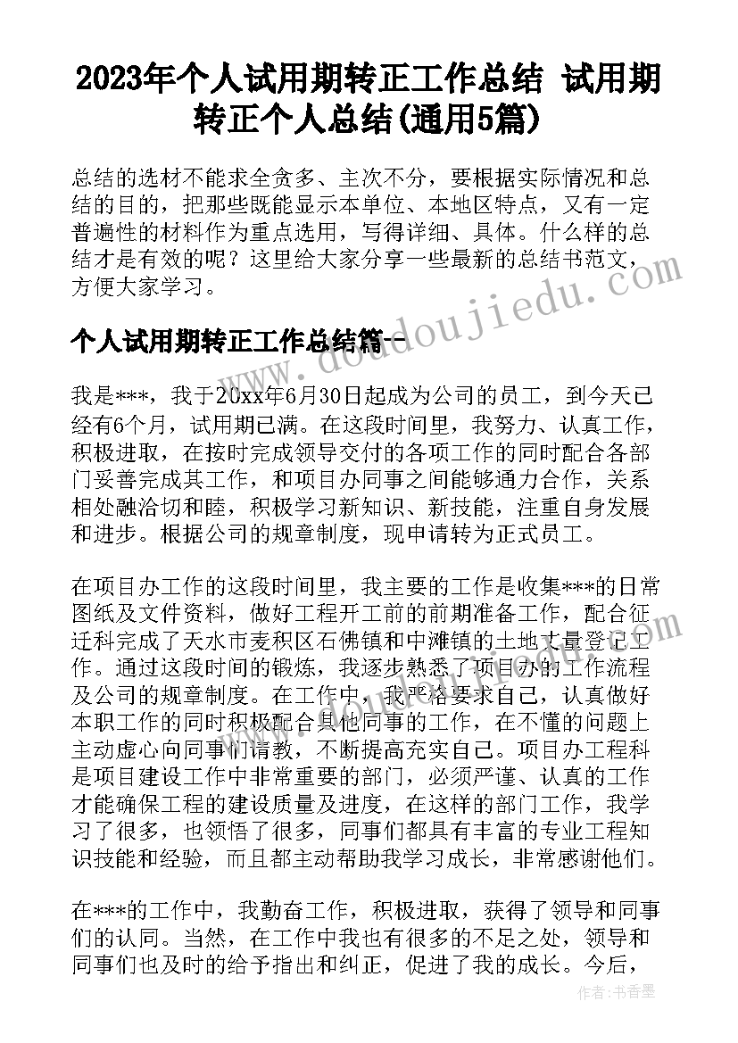 2023年个人试用期转正工作总结 试用期转正个人总结(通用5篇)