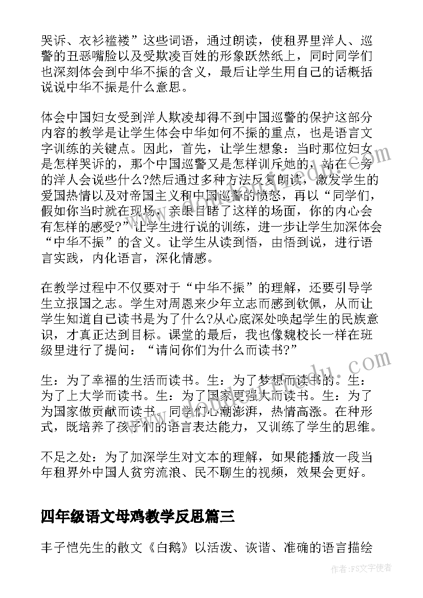 四年级语文母鸡教学反思 四年级语文课文白鹅教学反思及说讲稿(通用5篇)