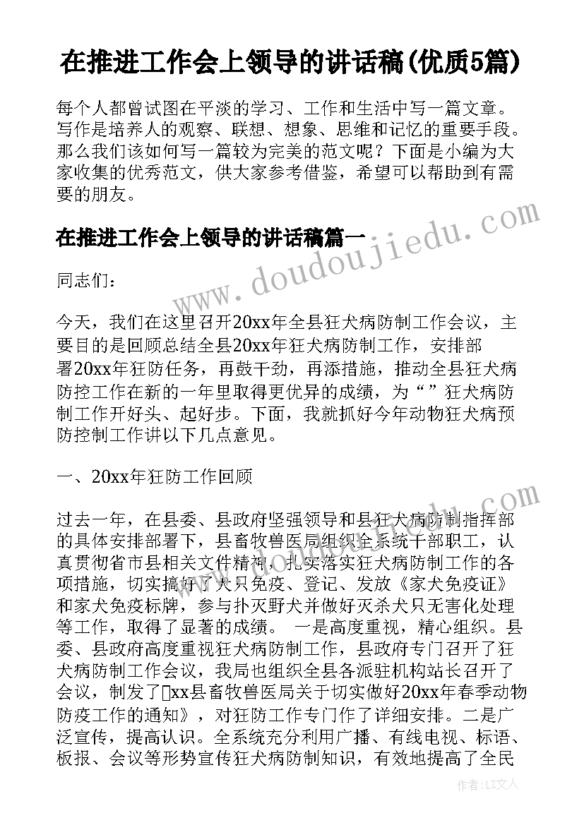 在推进工作会上领导的讲话稿(优质5篇)