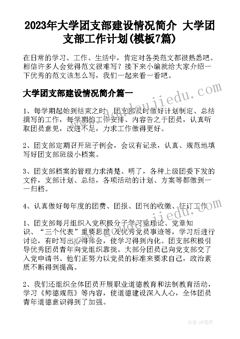 2023年大学团支部建设情况简介 大学团支部工作计划(模板7篇)