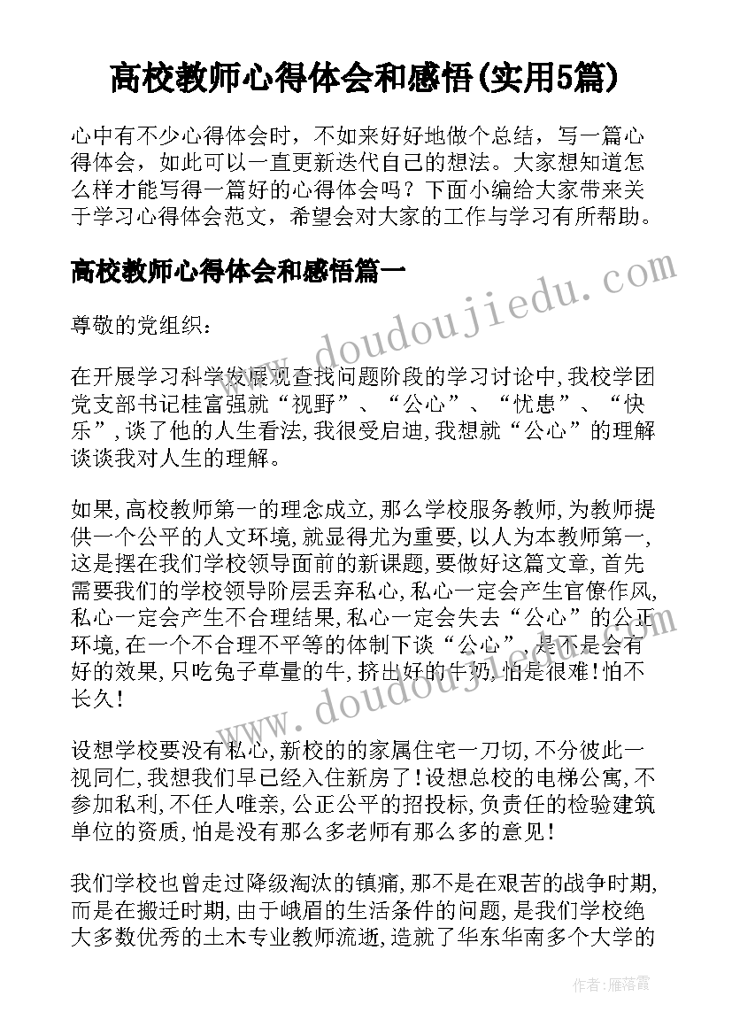 高校教师心得体会和感悟(实用5篇)