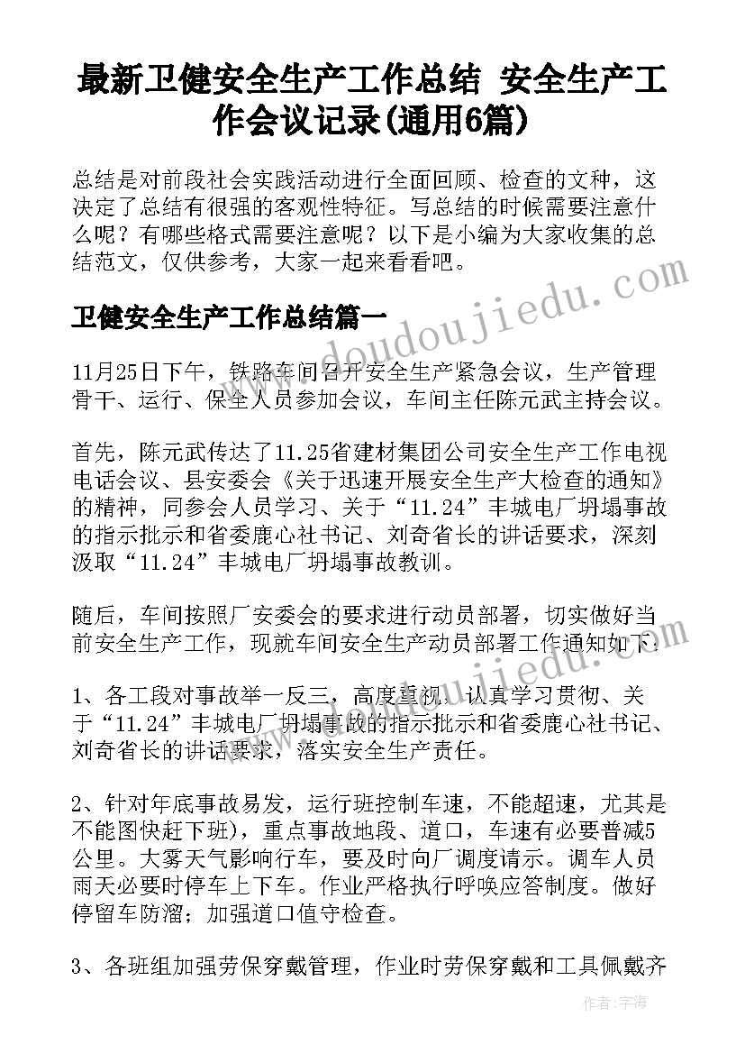 最新卫健安全生产工作总结 安全生产工作会议记录(通用6篇)