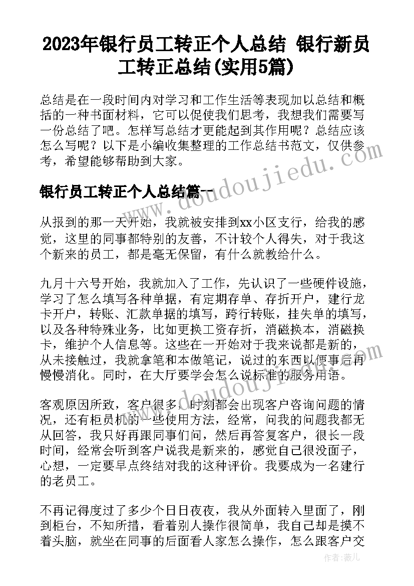 2023年银行员工转正个人总结 银行新员工转正总结(实用5篇)