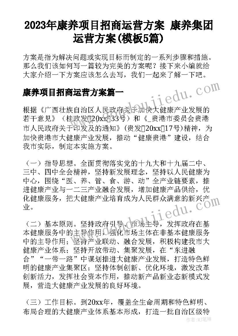 2023年康养项目招商运营方案 康养集团运营方案(模板5篇)