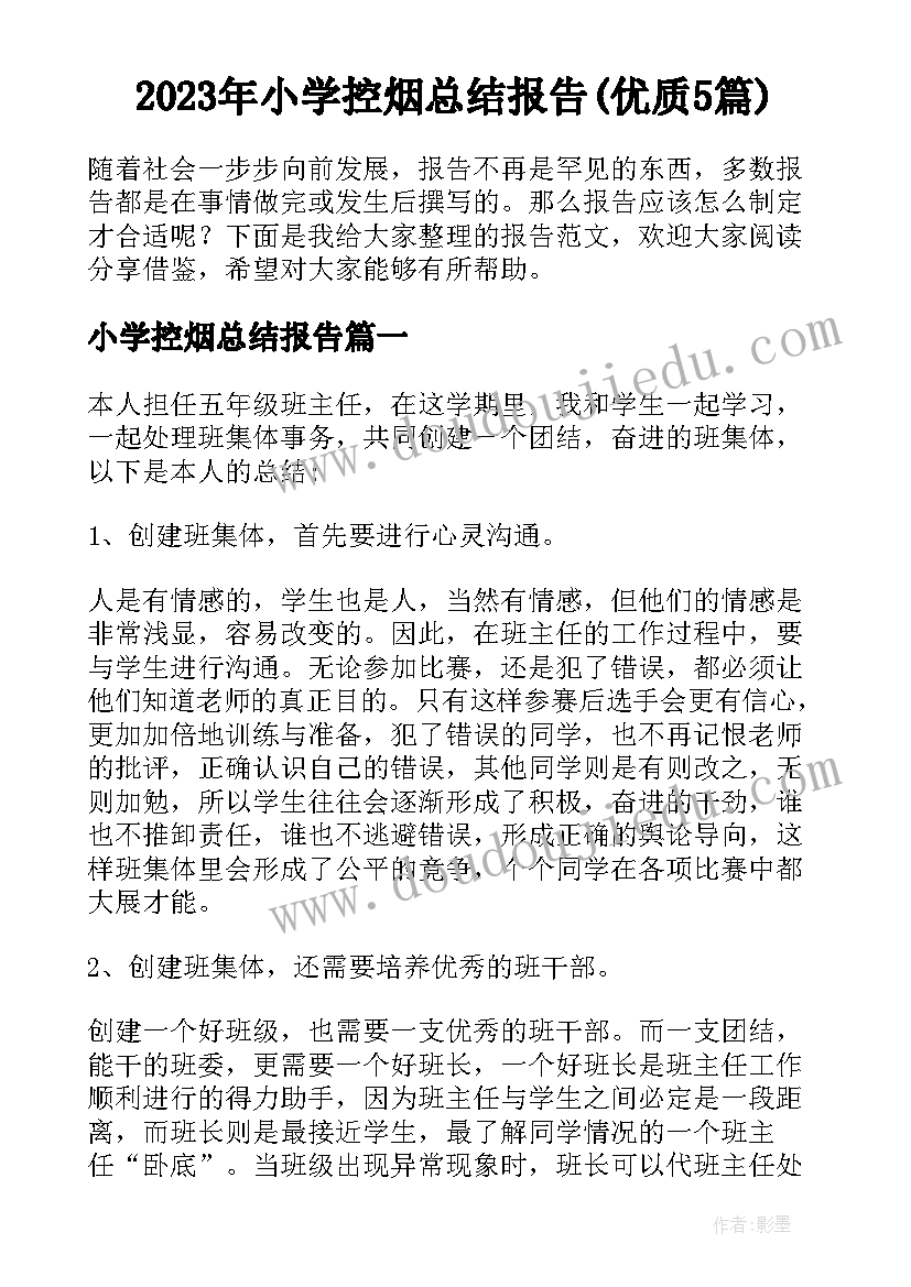 2023年小学控烟总结报告(优质5篇)