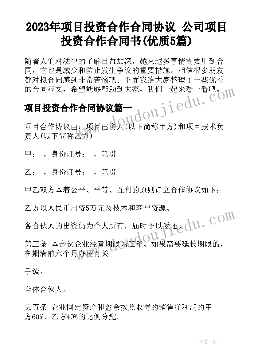 2023年项目投资合作合同协议 公司项目投资合作合同书(优质5篇)