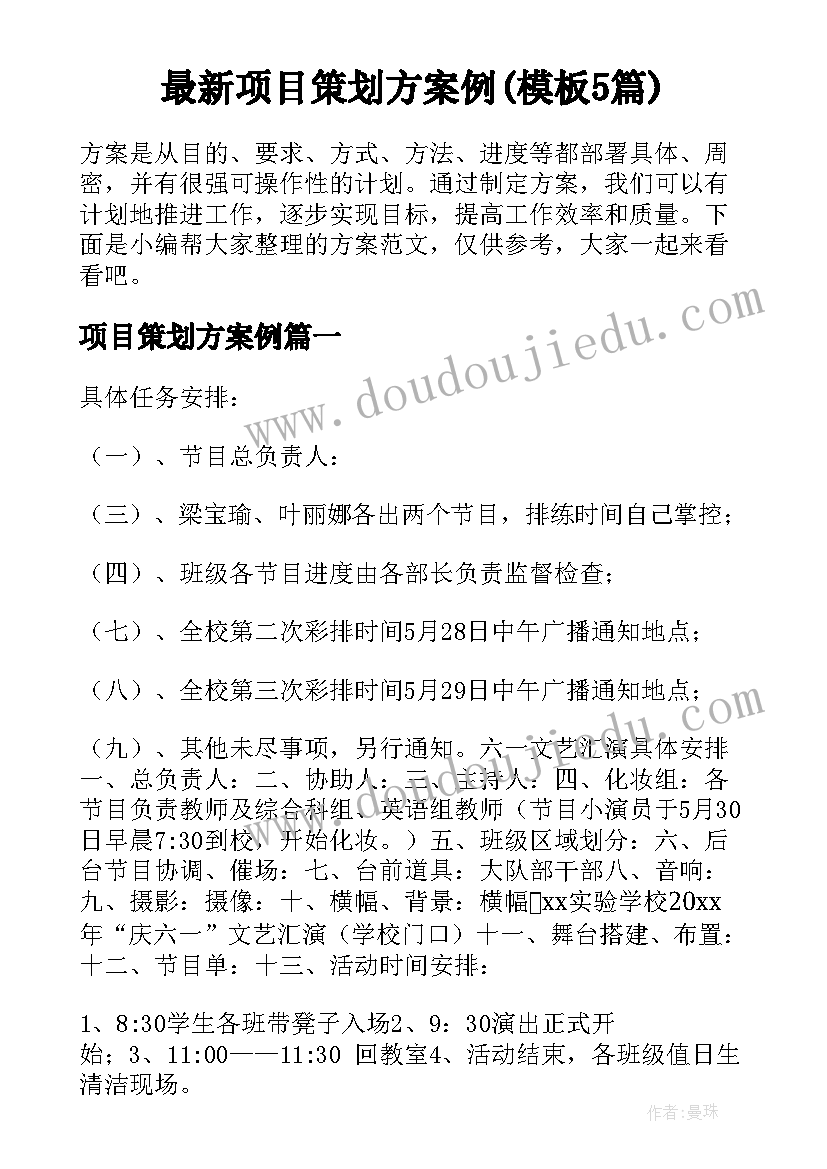 最新项目策划方案例(模板5篇)