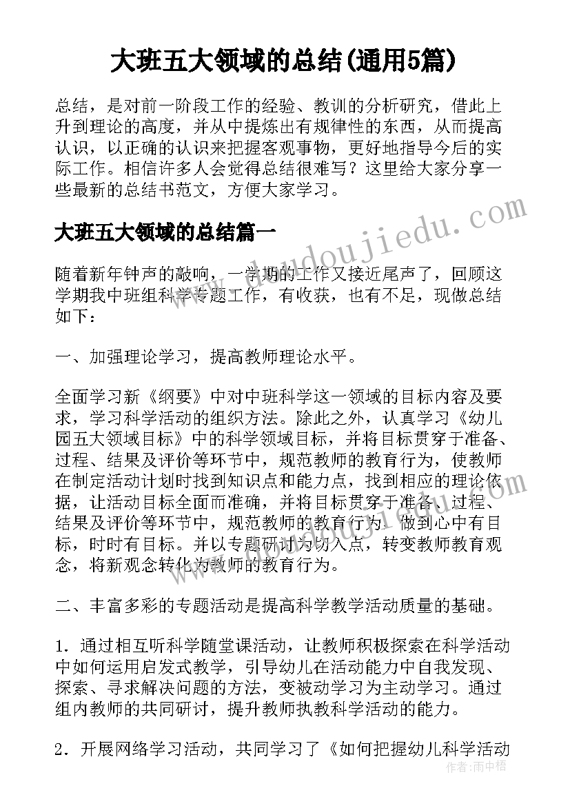 大班五大领域的总结(通用5篇)