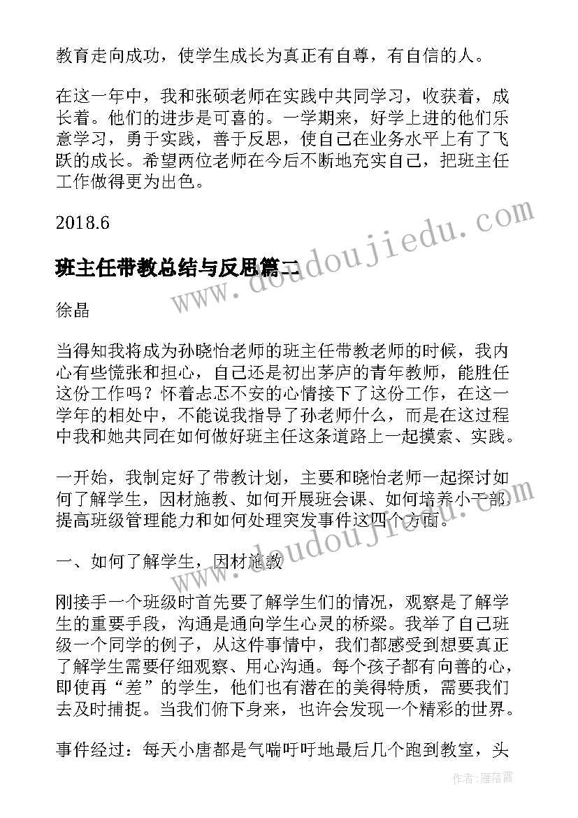 最新班主任带教总结与反思 带教班主任工作总结(优质5篇)