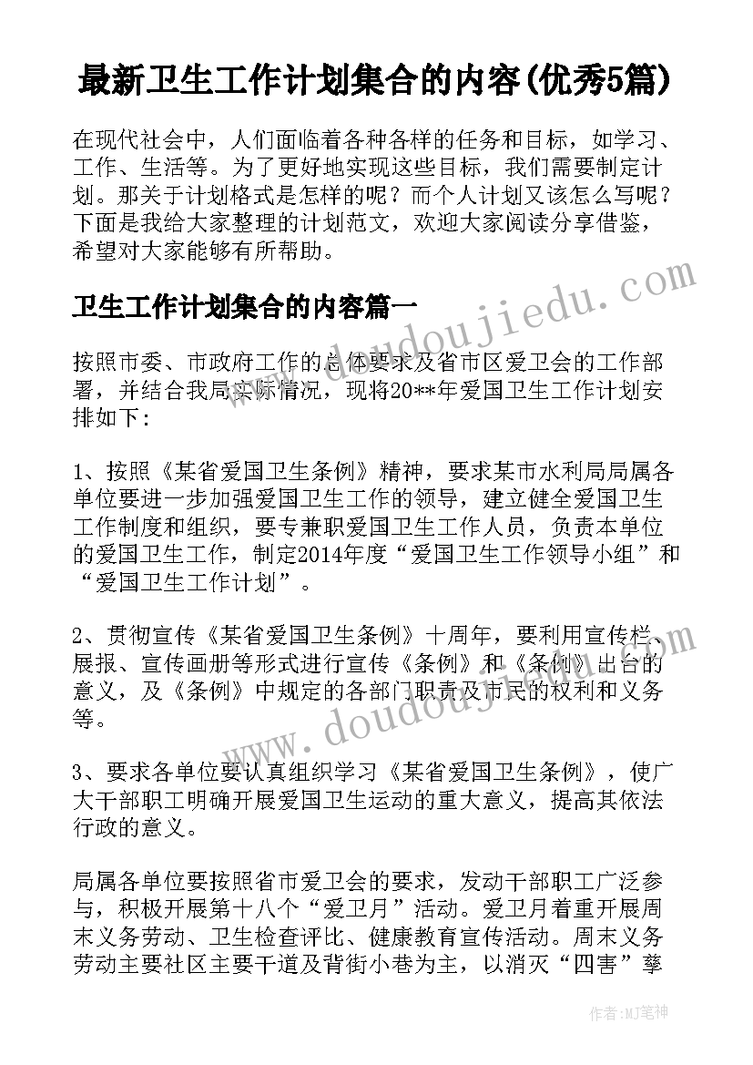 最新卫生工作计划集合的内容(优秀5篇)