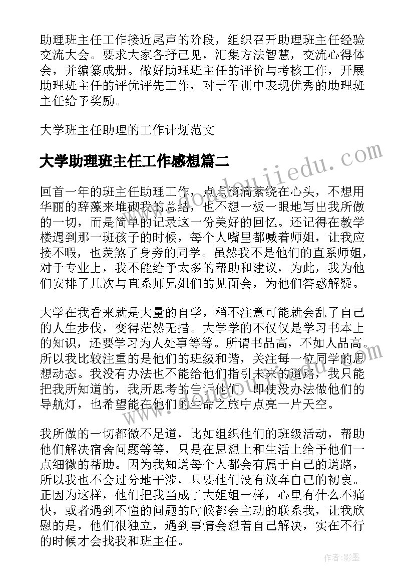 最新大学助理班主任工作感想 大学助理班主任工作计划(精选5篇)