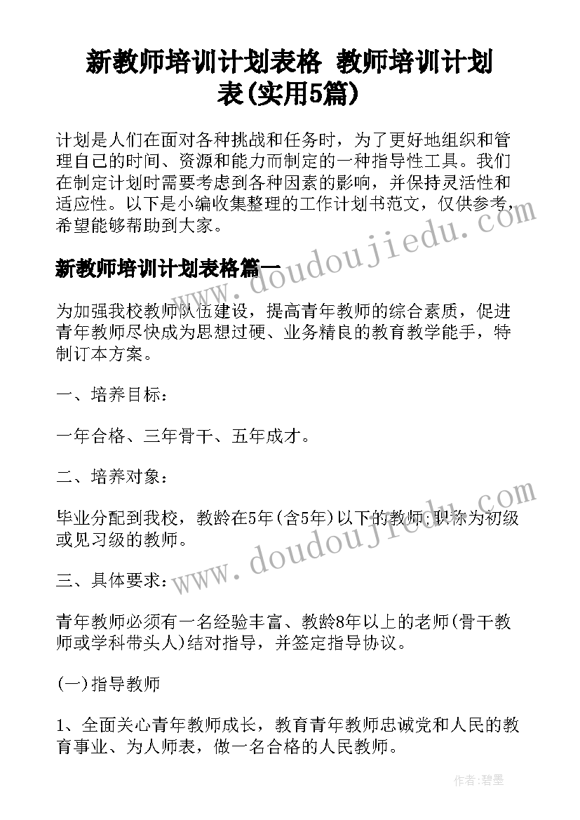 新教师培训计划表格 教师培训计划表(实用5篇)