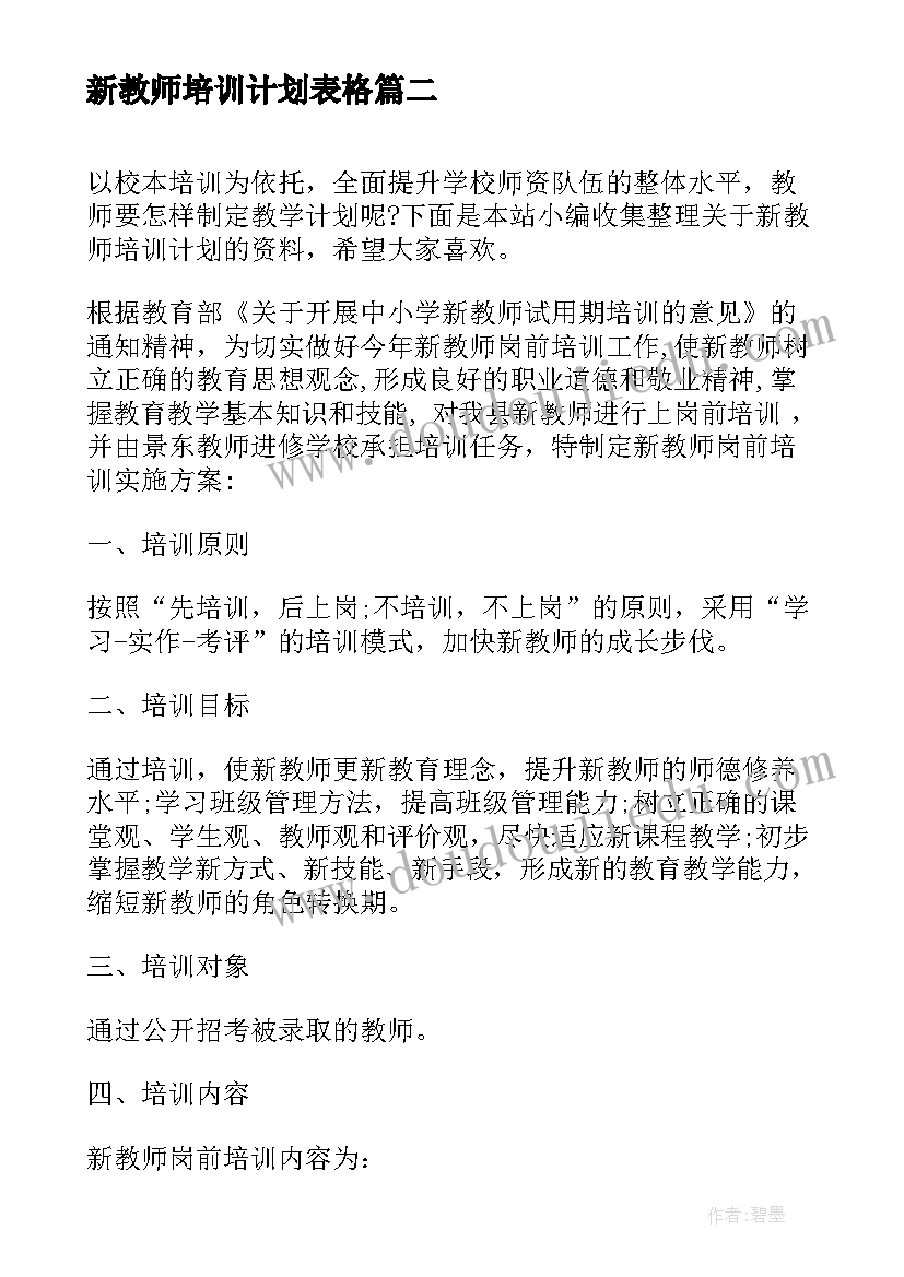 新教师培训计划表格 教师培训计划表(实用5篇)