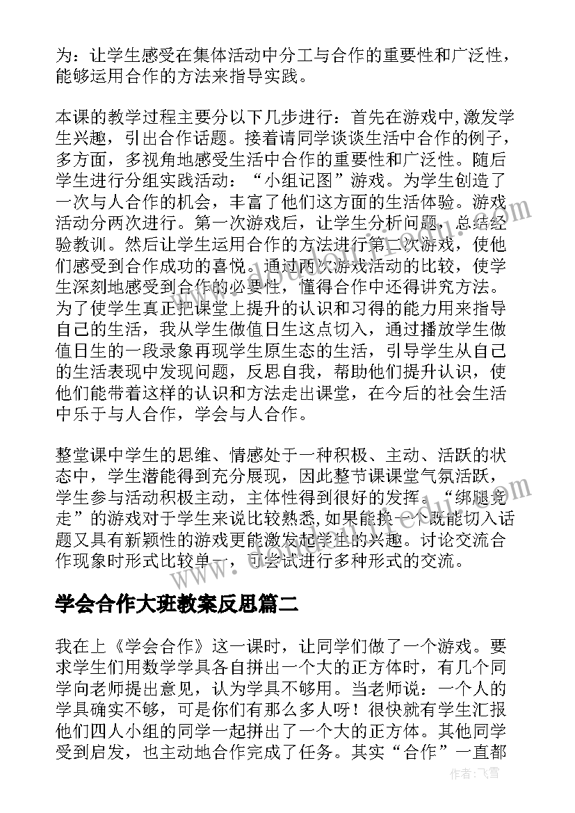 2023年学会合作大班教案反思 学会合作教学反思(优质5篇)