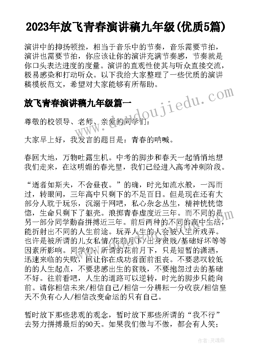 2023年放飞青春演讲稿九年级(优质5篇)