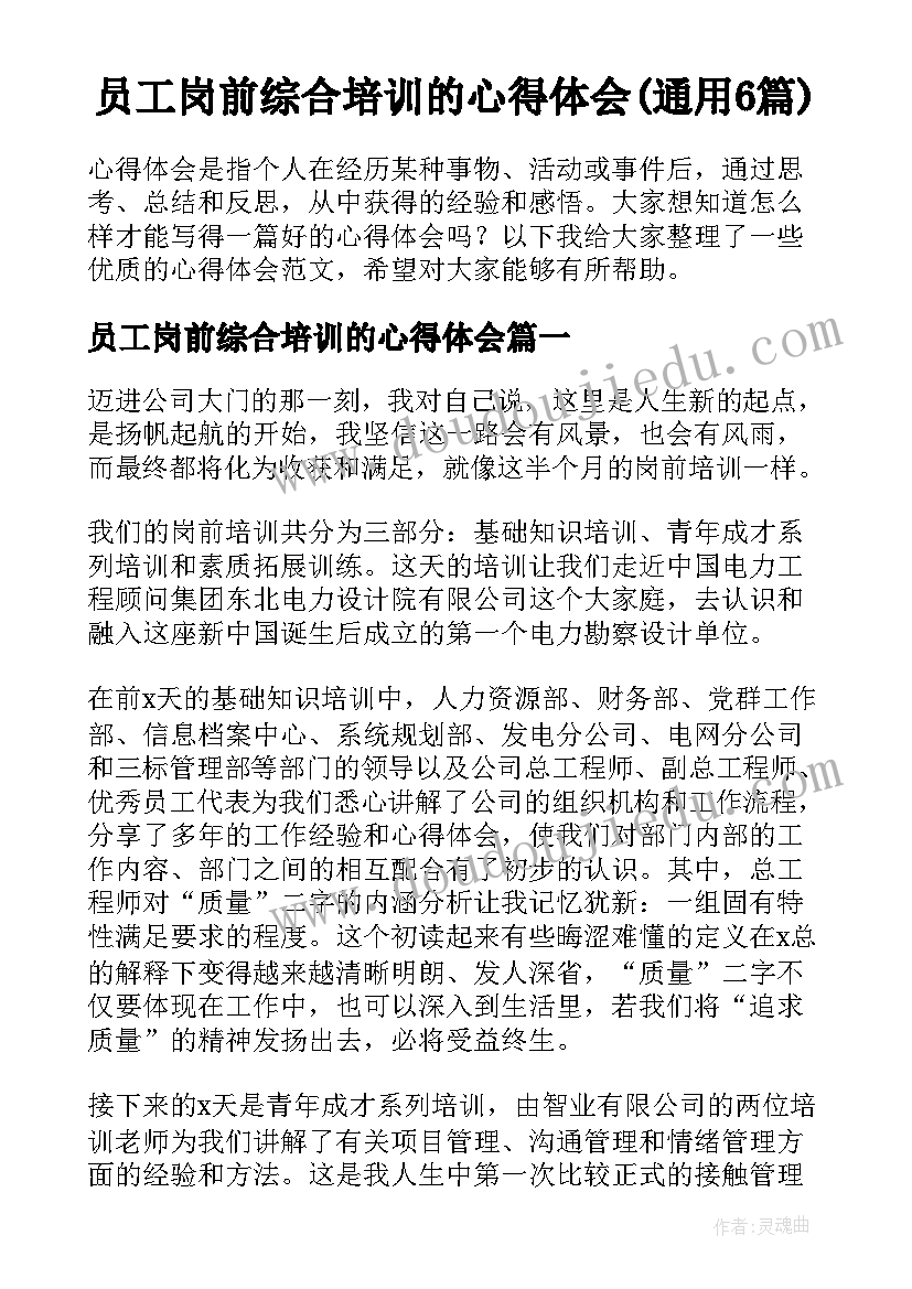 员工岗前综合培训的心得体会(通用6篇)