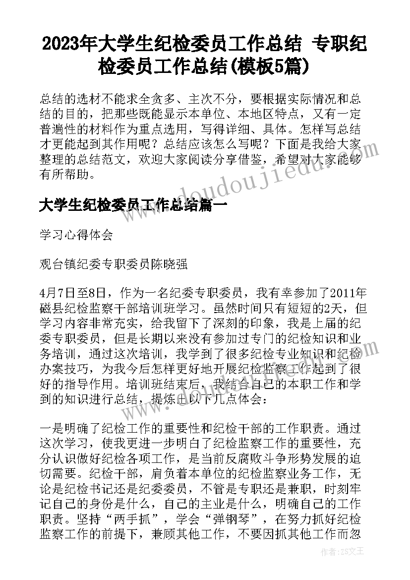 2023年大学生纪检委员工作总结 专职纪检委员工作总结(模板5篇)