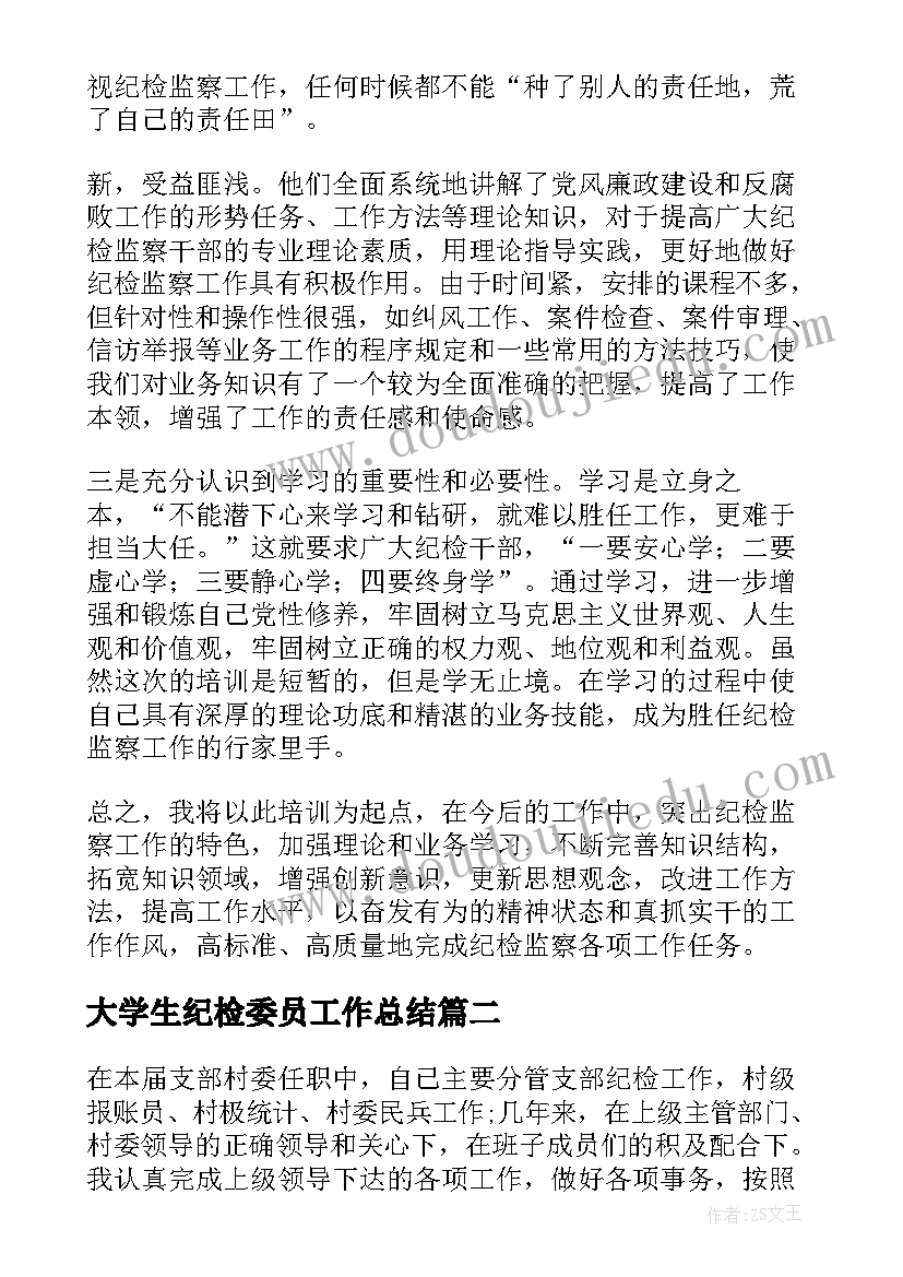 2023年大学生纪检委员工作总结 专职纪检委员工作总结(模板5篇)