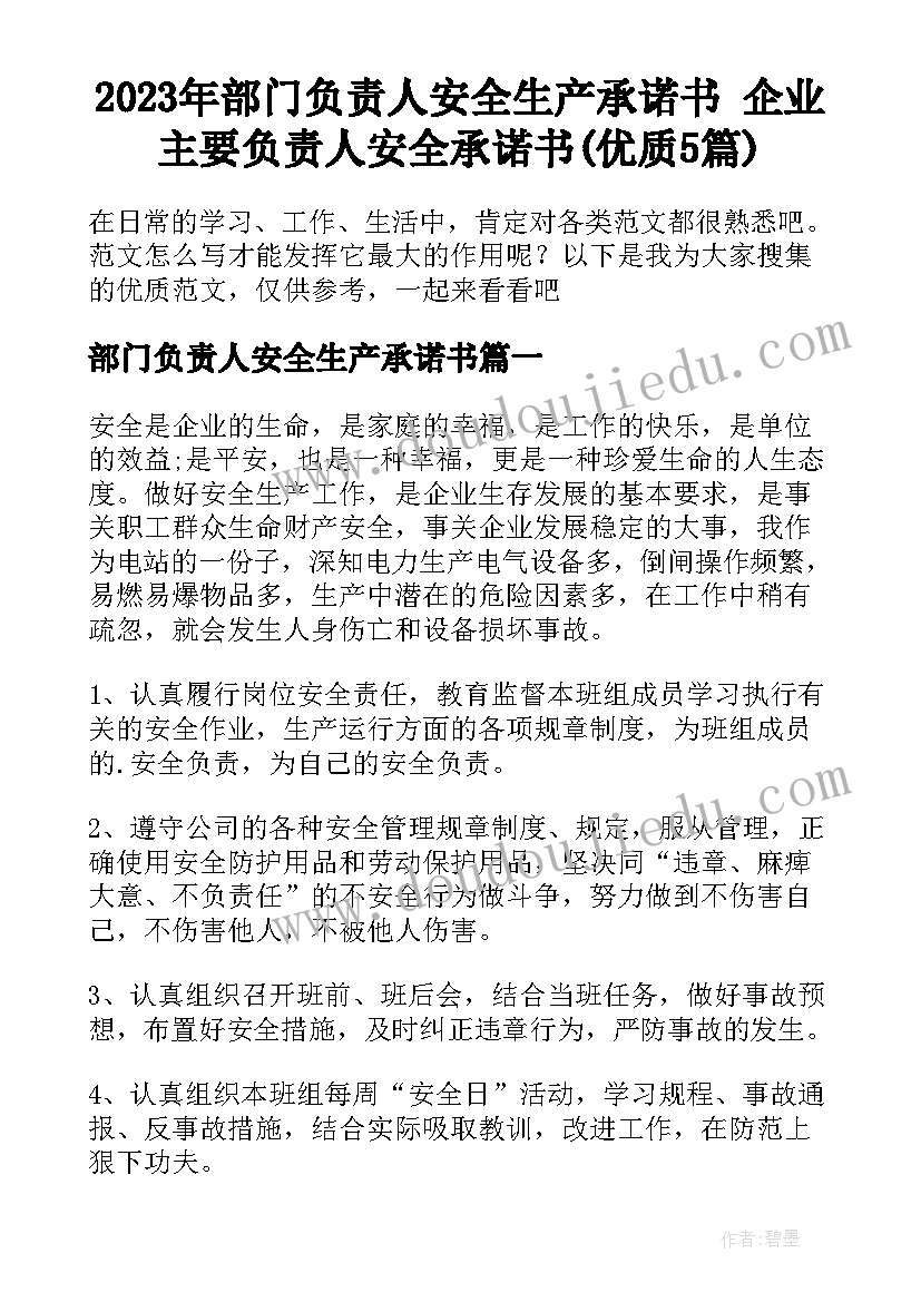 2023年部门负责人安全生产承诺书 企业主要负责人安全承诺书(优质5篇)