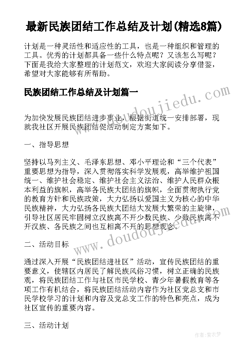 最新民族团结工作总结及计划(精选8篇)