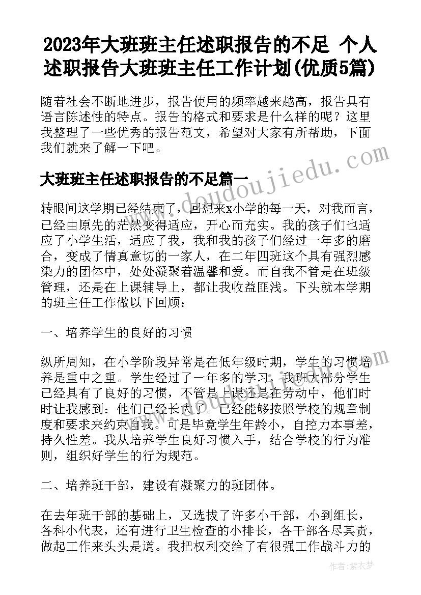 2023年大班班主任述职报告的不足 个人述职报告大班班主任工作计划(优质5篇)