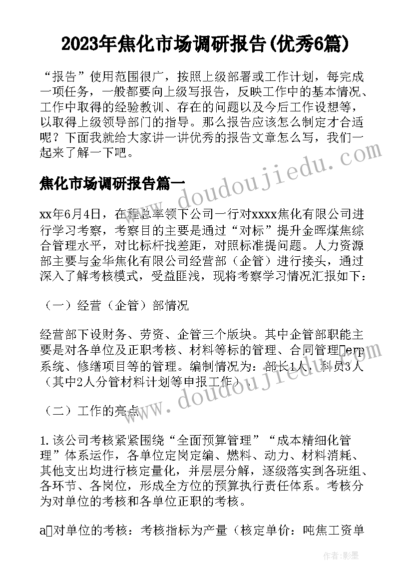 2023年焦化市场调研报告(优秀6篇)