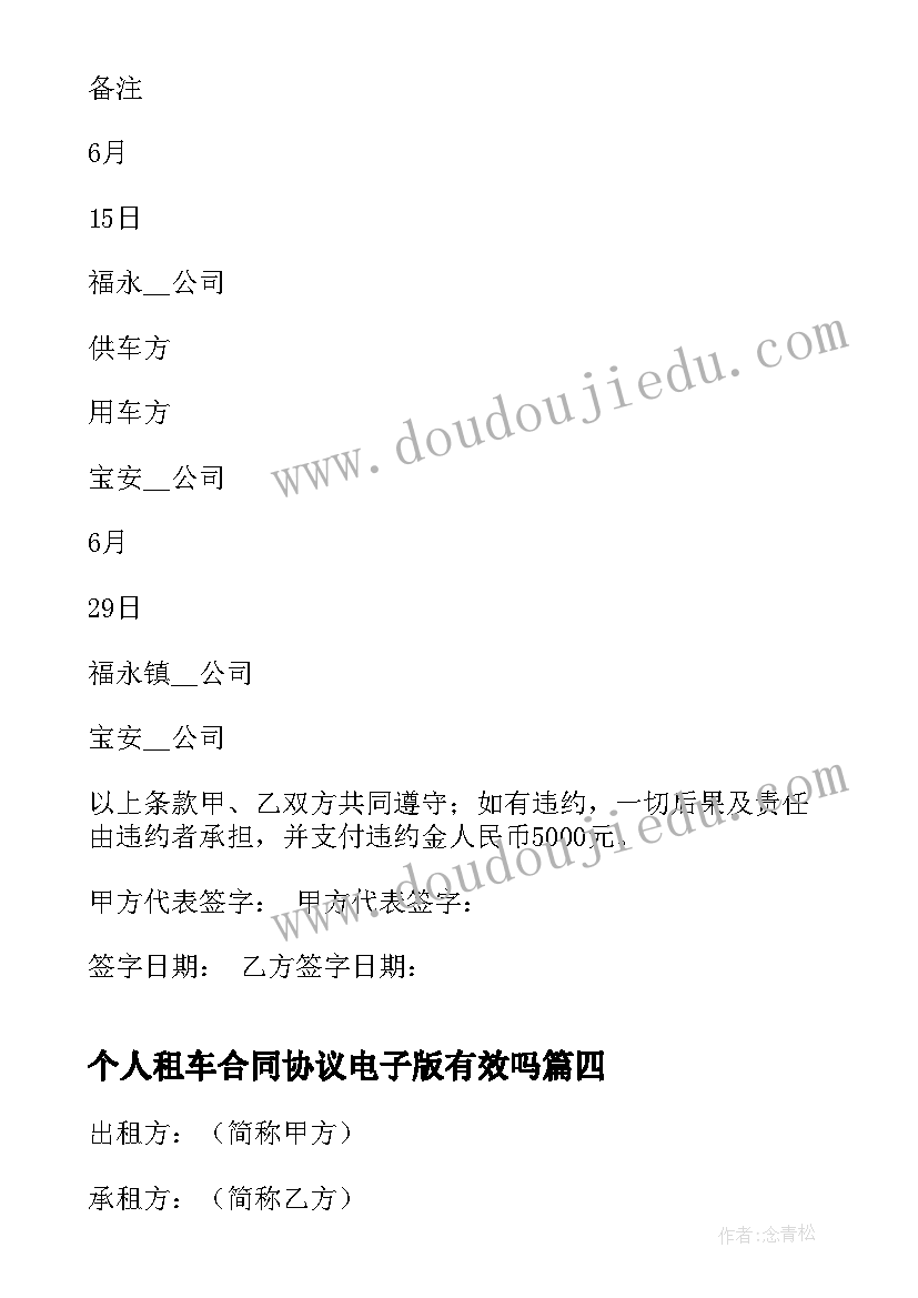 2023年个人租车合同协议电子版有效吗(优质6篇)