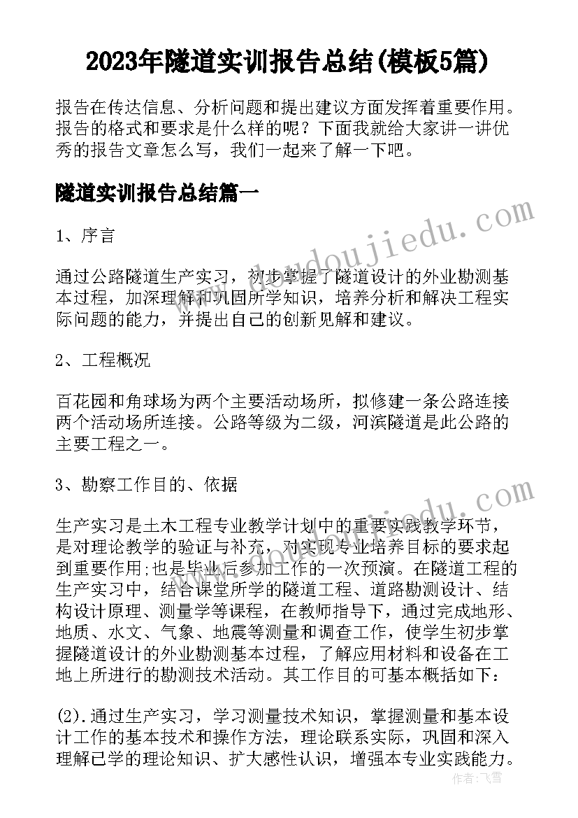 2023年隧道实训报告总结(模板5篇)